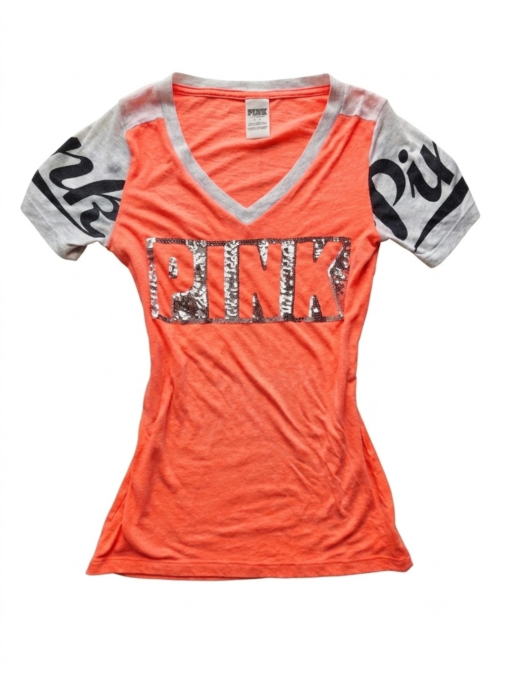 PINK Victoria's Secret V-Neck Sequin Logo Women's Top in Coral